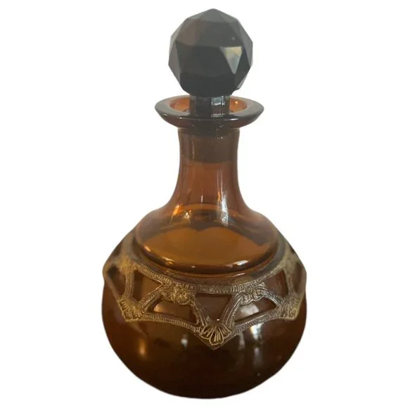 Amber Decanter, Vase Skinny Neck Round Bottom, Metal Accent Ring 7" Tall Stopper - Picture 4 of 9